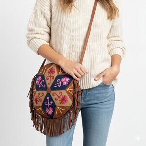 Vintage Patchwork Deerskin Round Crossbody w fringe